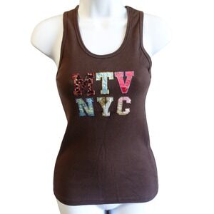 Vintage Y2K MTV Brown Ribbed Tank Top Embroidered Patch NYC Logo Womens XL 2000s
